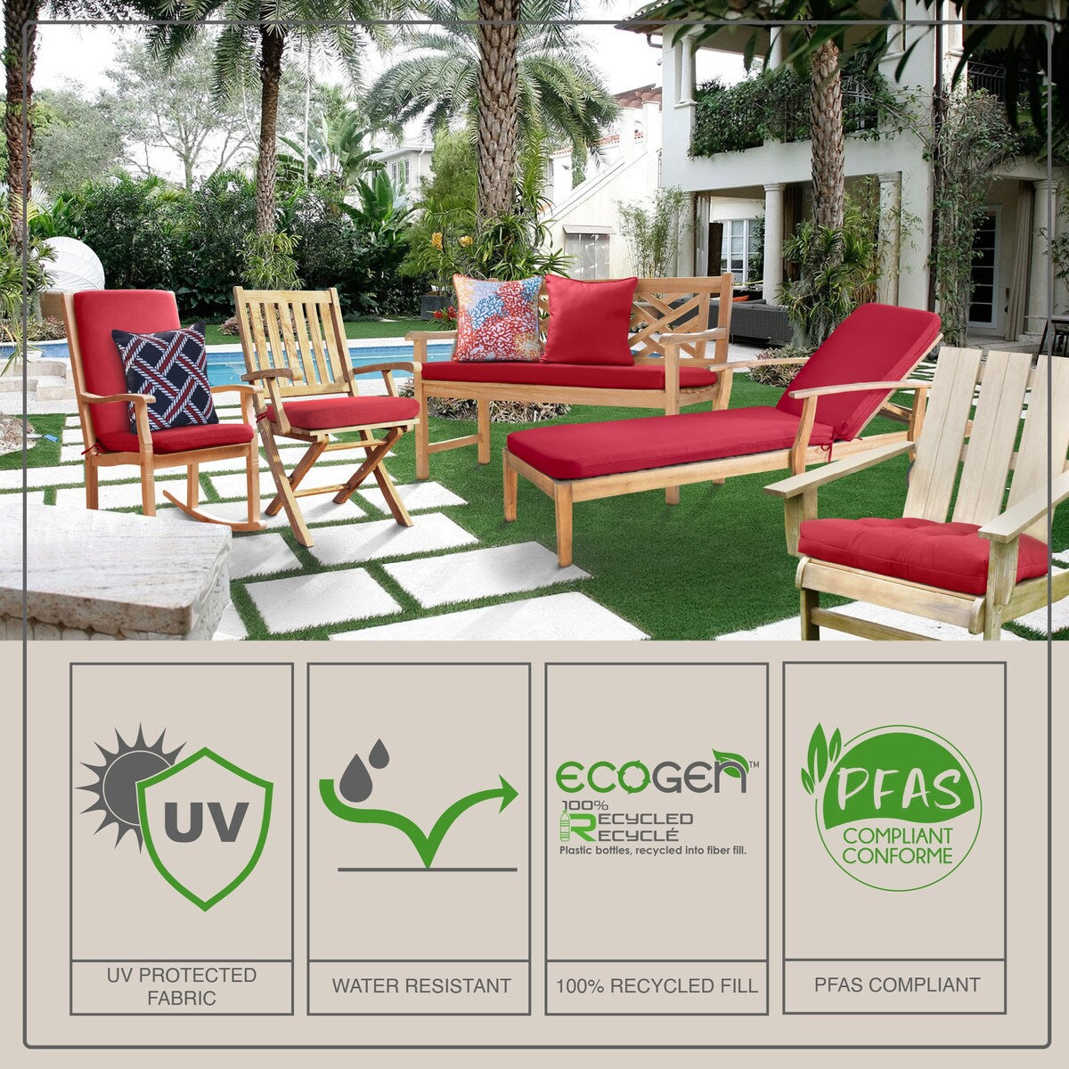 Ruby Red Outdoor Printed Leaves Bench Seat 48 x 18 in Red Ivory - 48" x 18" x 2.75"