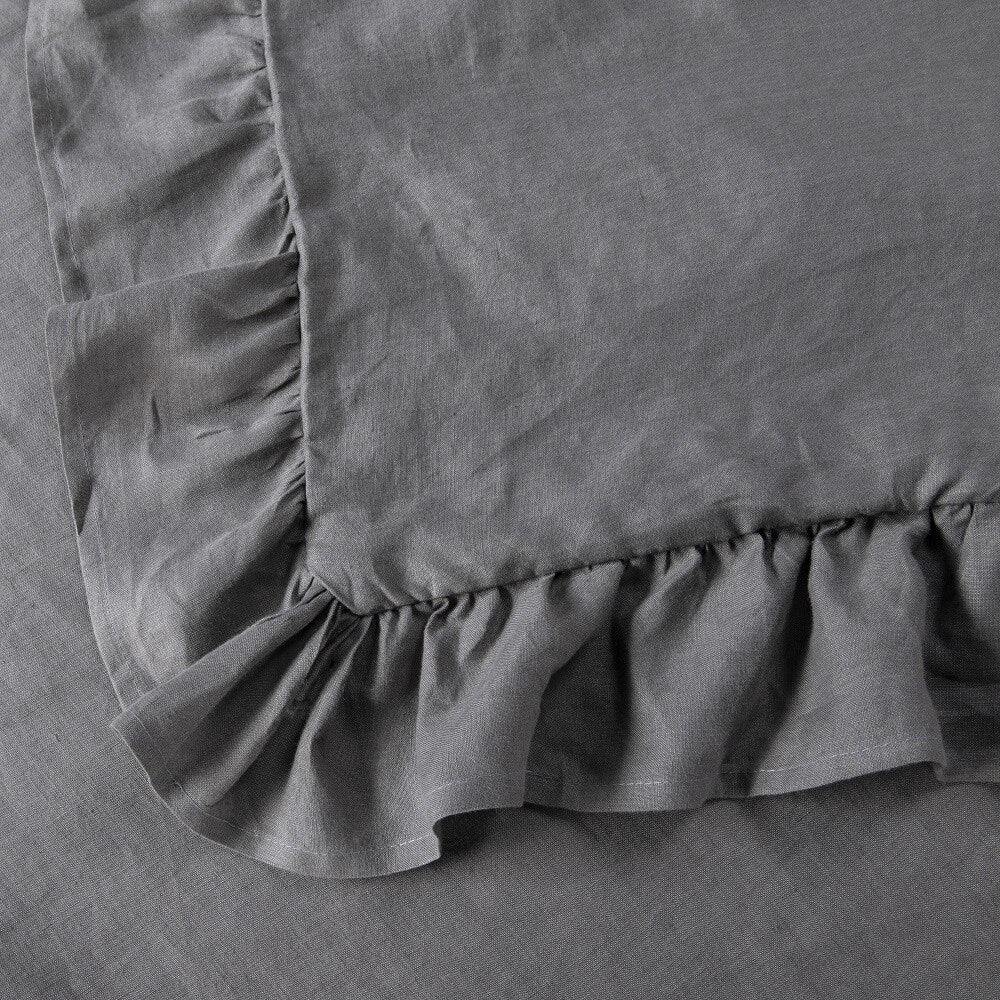 WHOLINENS Stone Washed French Linen Duvet Cover Set Ruffle Style