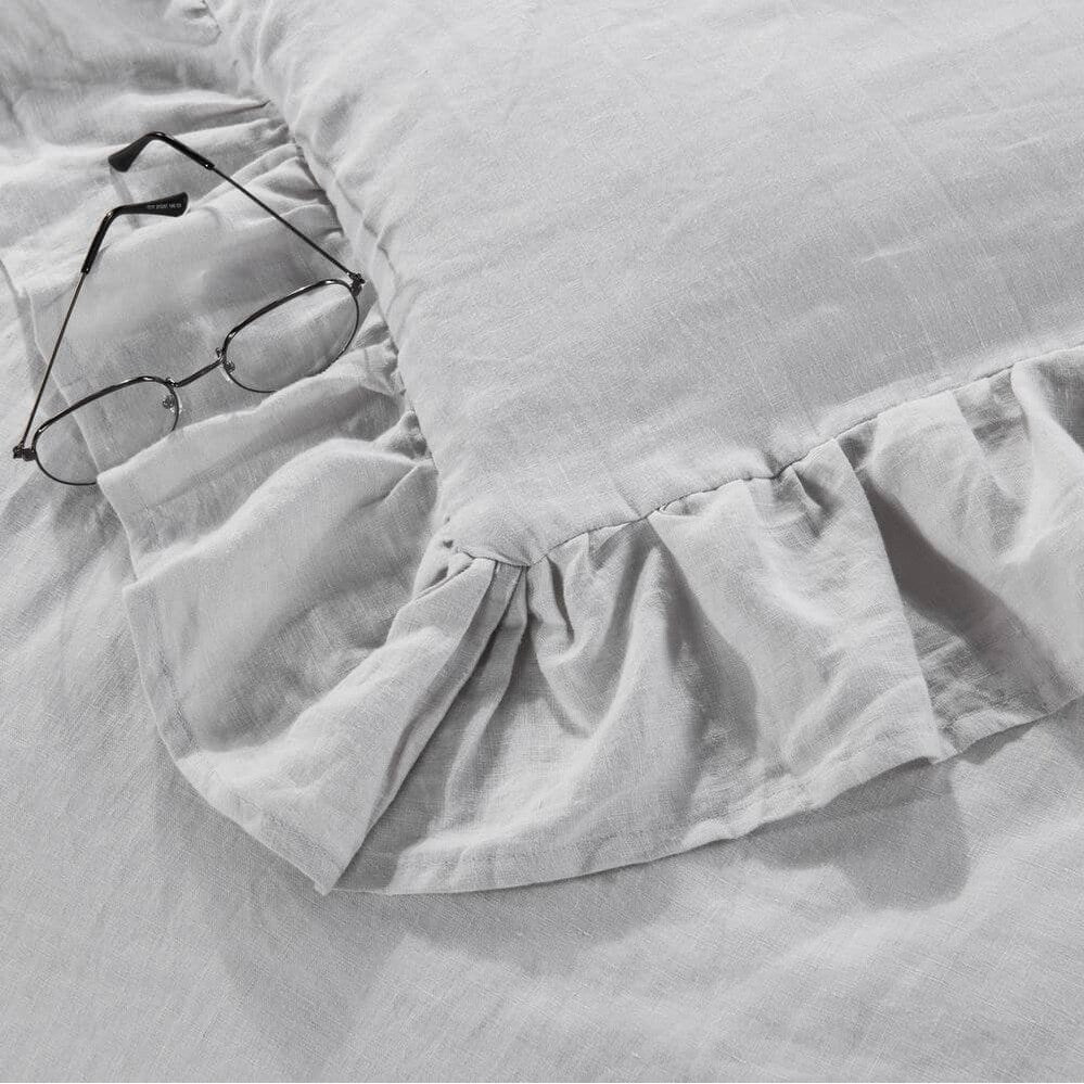 WHOLINENS Stone Washed French Linen Duvet Cover Set Ruffle Style