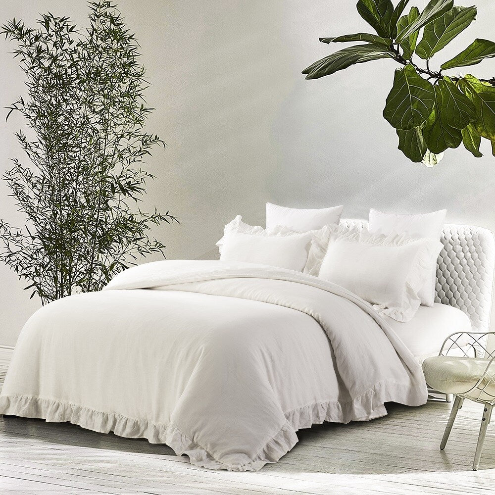 WHOLINENS Stone Washed French Linen Duvet Cover Set Ruffle Style
