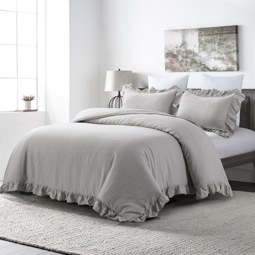 WHOLINENS Stone Washed French Linen Duvet Cover Set Ruffle Style