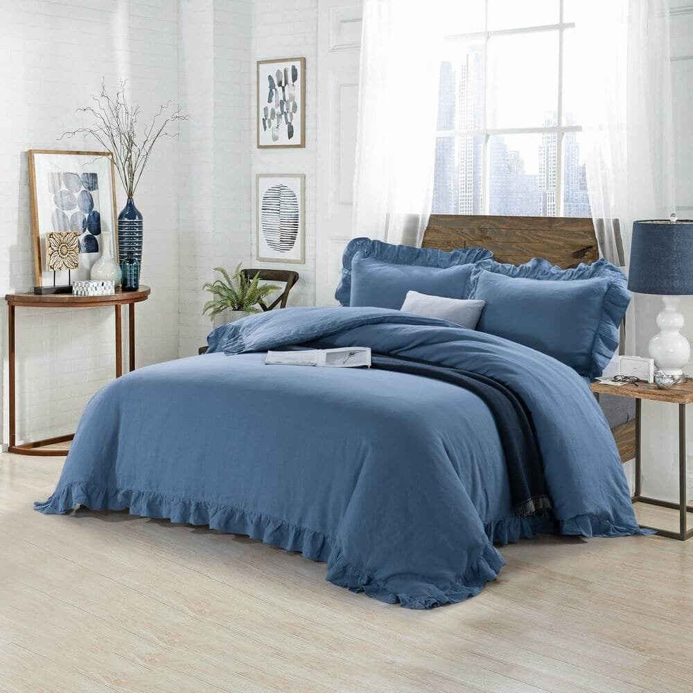 WHOLINENS Stone Washed French Linen Duvet Cover Set Ruffle Style