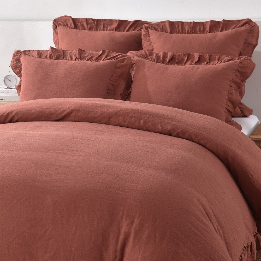 WHOLINENS Stone Washed French Linen Duvet Cover Set Ruffle Style