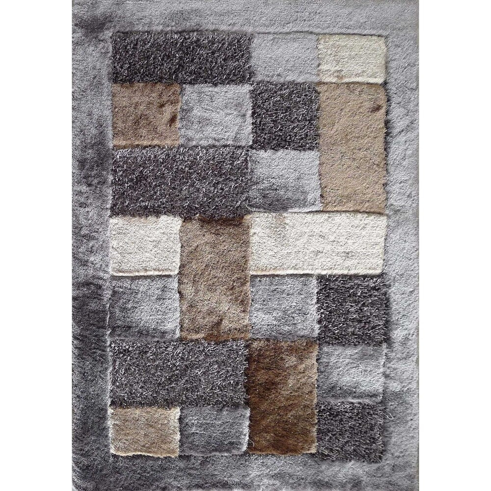 Rug Addiction Gray Silver Beige Brown Two Inch Pile Thickness Hand Tufted Silky Shag Area Rug - 5' x 7'