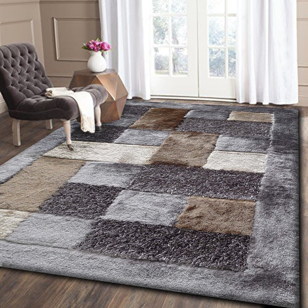 Rug Addiction Gray Silver Beige Brown Two Inch Pile Thickness Hand Tufted Silky Shag Area Rug - 5' x 7'
