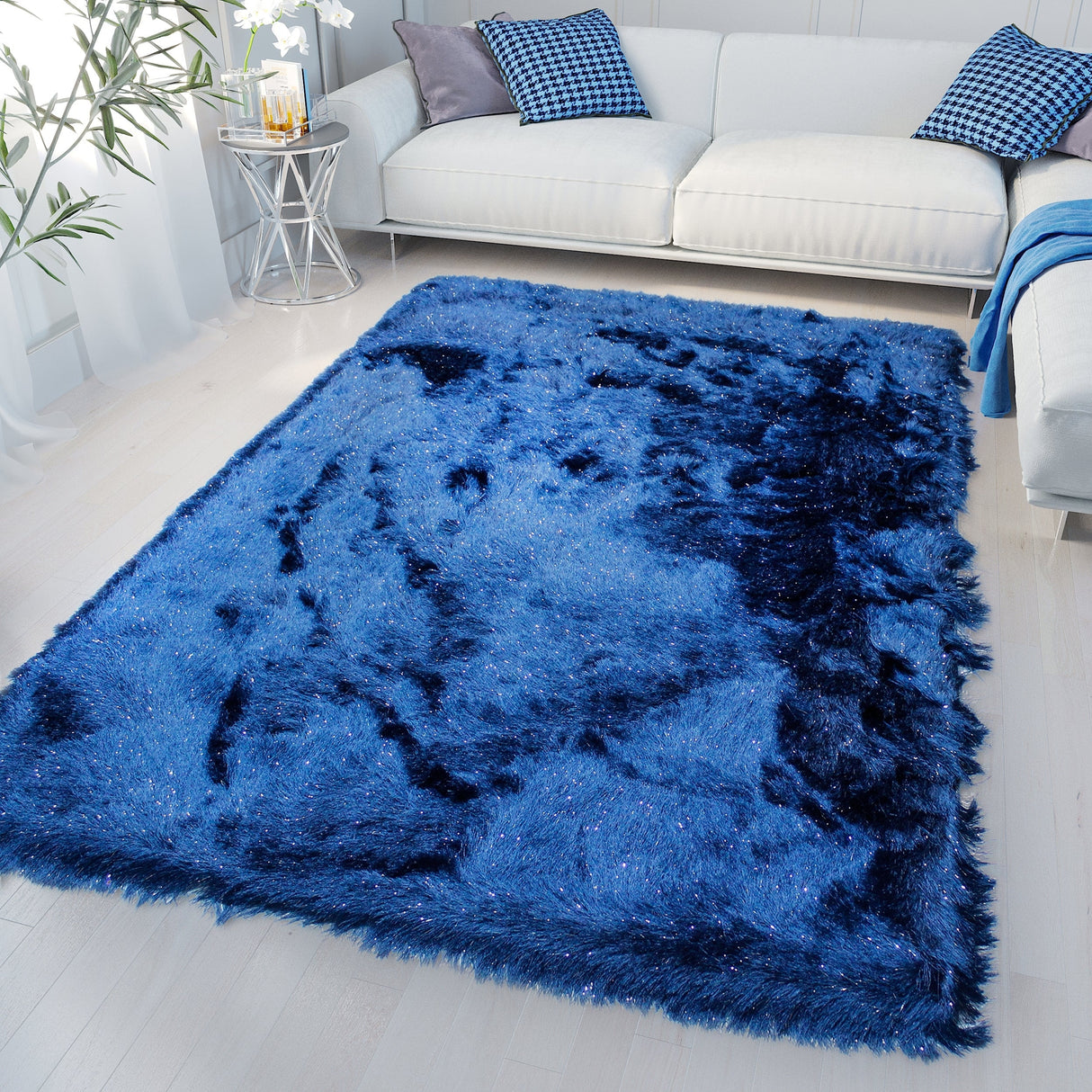 Blue Shimmer Shag Area Rug Thick Soft Pile Large Shaggy Carpet