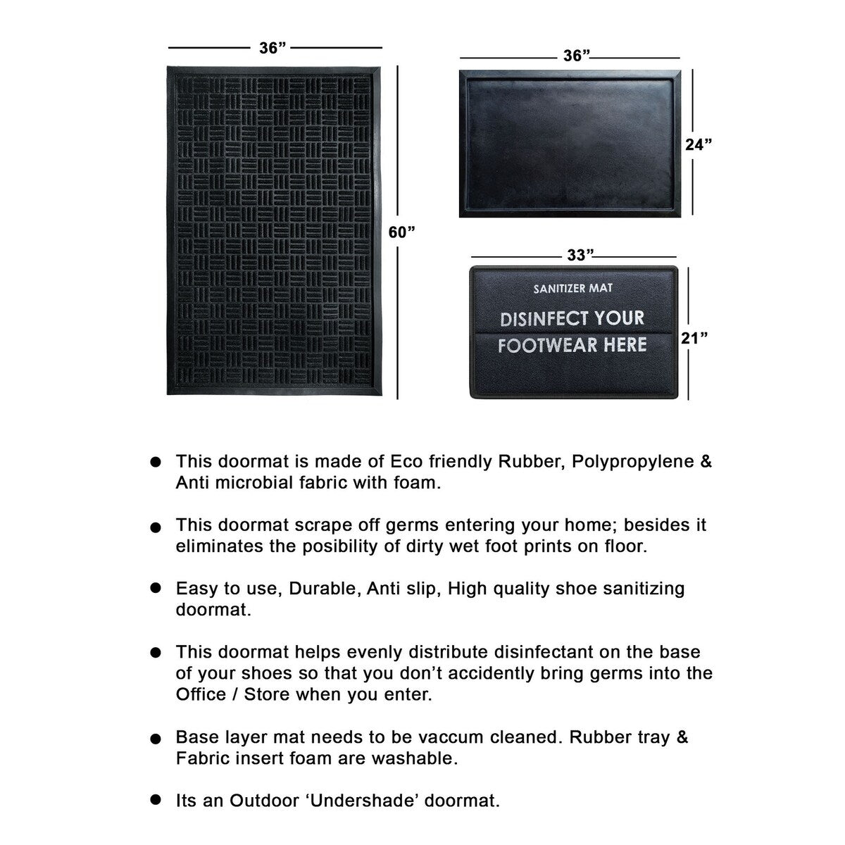 RugSmith Large Layered Rubber Sanitizer Doormat, Tray, and Foam Insert, 36" x 60" - 36" x 60"