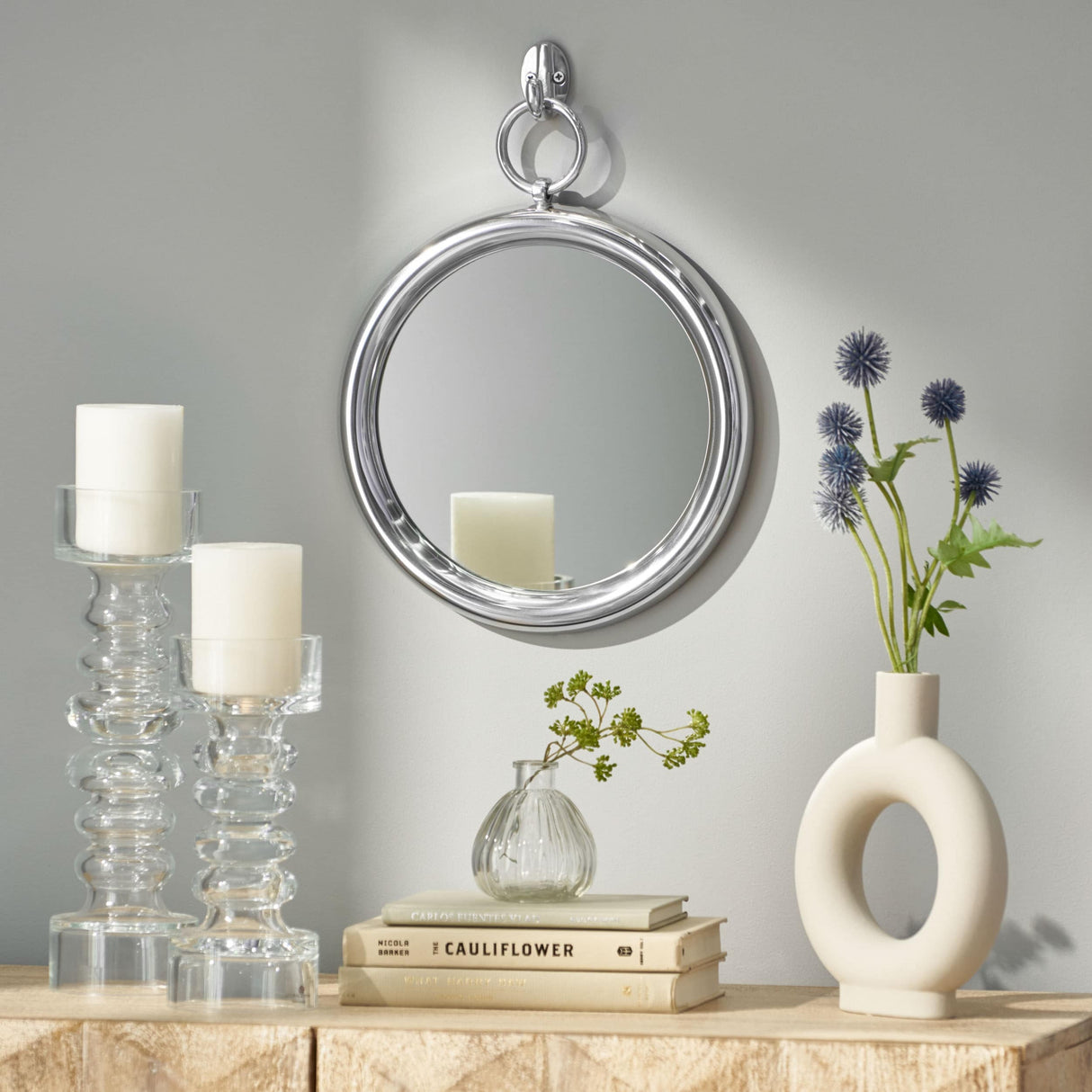 Rumley Modern Handcrafted Round Aluminum Wall Mirror by Christopher Knight Home - 12.00" L x 1.00" W x 15.00" H