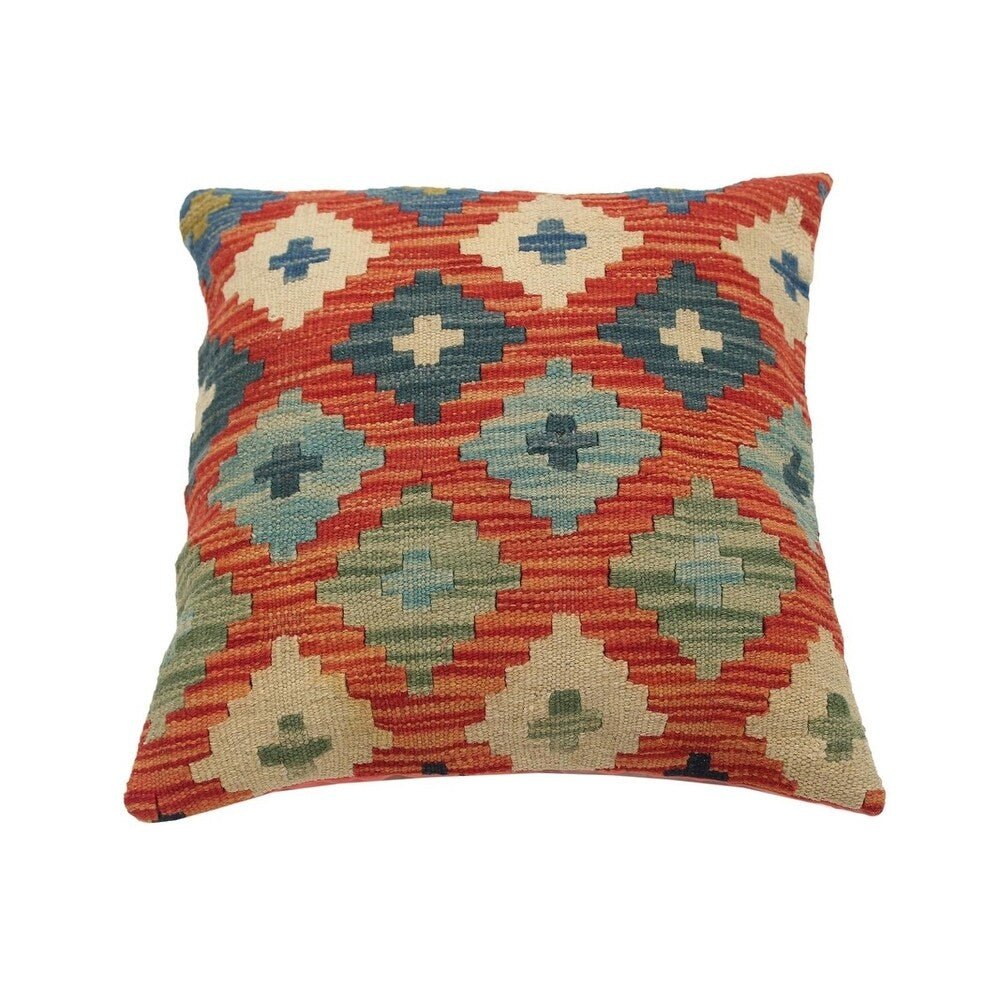 Russell Orange/Blue Hand-Woven Kilim Throw Pillow - 1'6 x 1'6