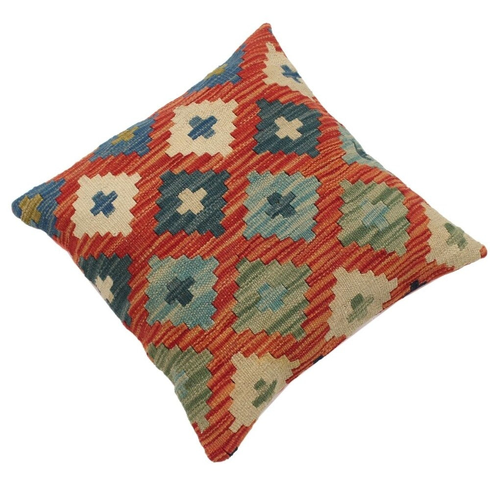 Russell Orange/Blue Hand-Woven Kilim Throw Pillow - 1'6 x 1'6