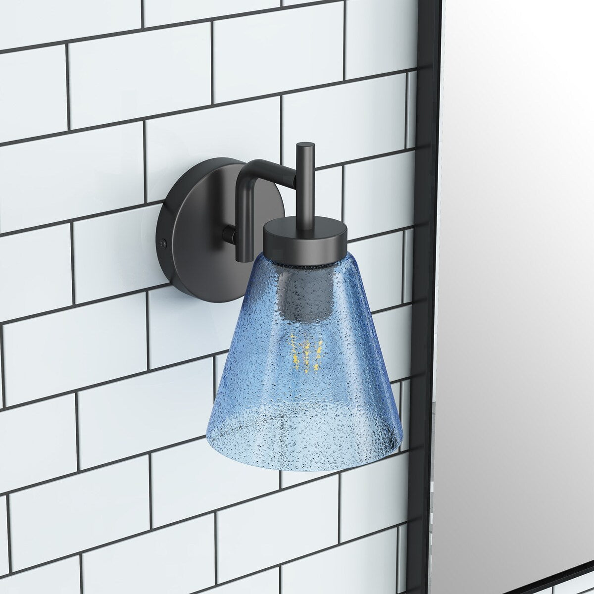 Rustic Black 1-Light Wall Sconce with Blue Seeded Glass Shade