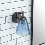 Rustic Black 1-Light Wall Sconce with Blue Seeded Glass Shade