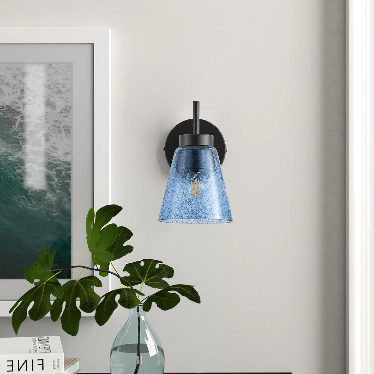 Rustic Black 1-Light Wall Sconce with Blue Seeded Glass Shade