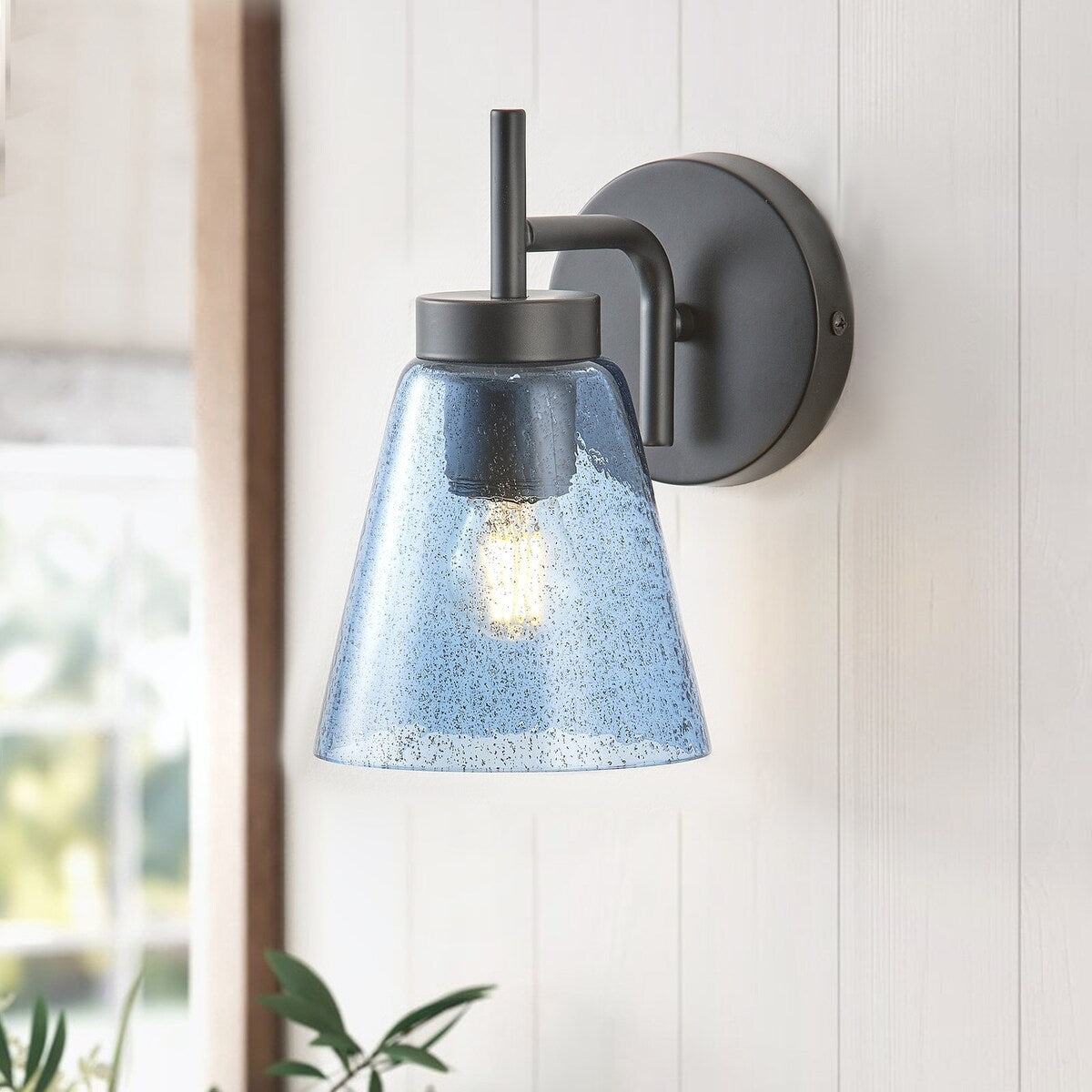 Rustic Black 1-Light Wall Sconce with Blue Seeded Glass Shade