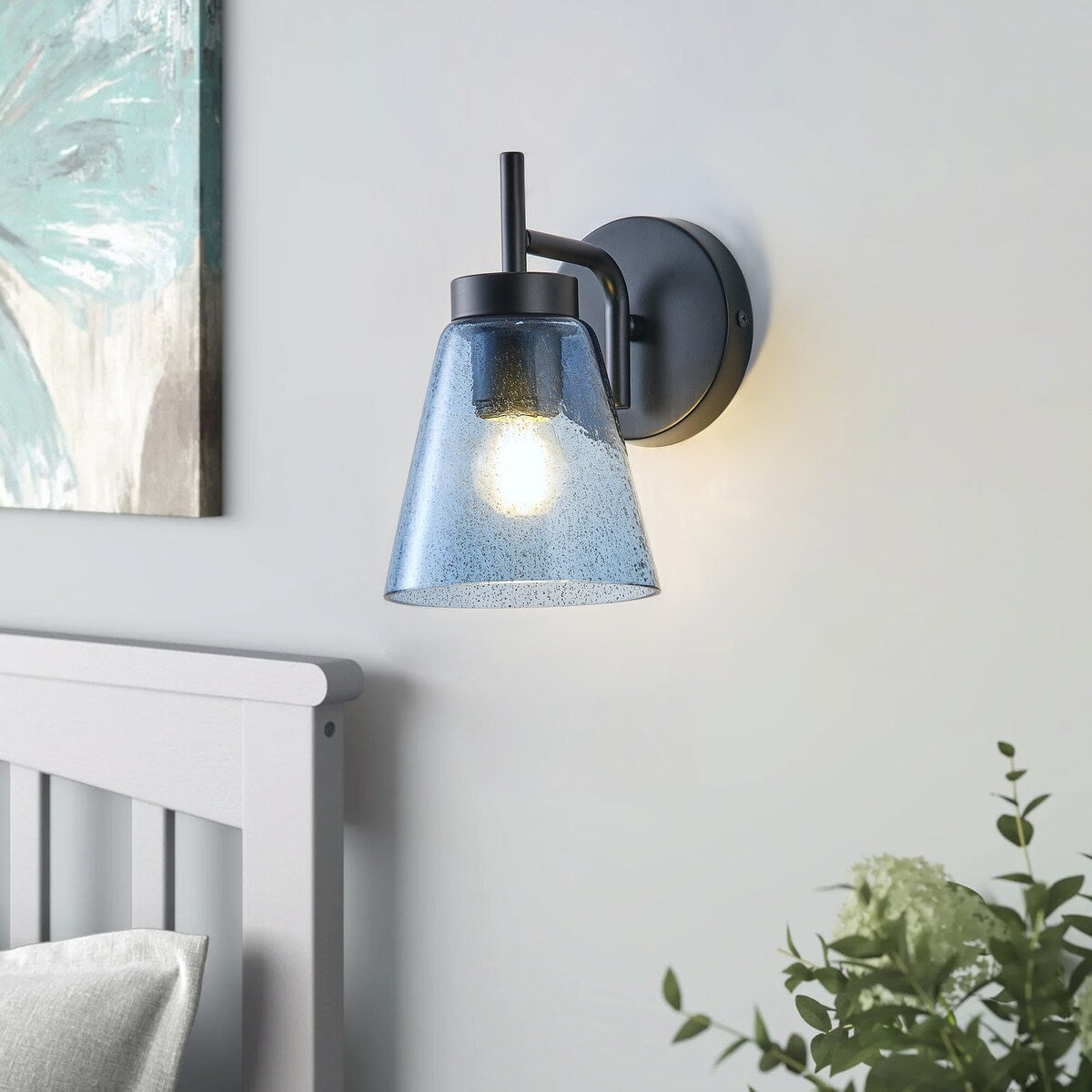 Rustic Black 1-Light Wall Sconce with Blue Seeded Glass Shade