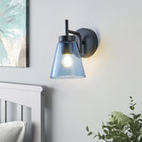 Rustic Black 1-Light Wall Sconce with Blue Seeded Glass Shade