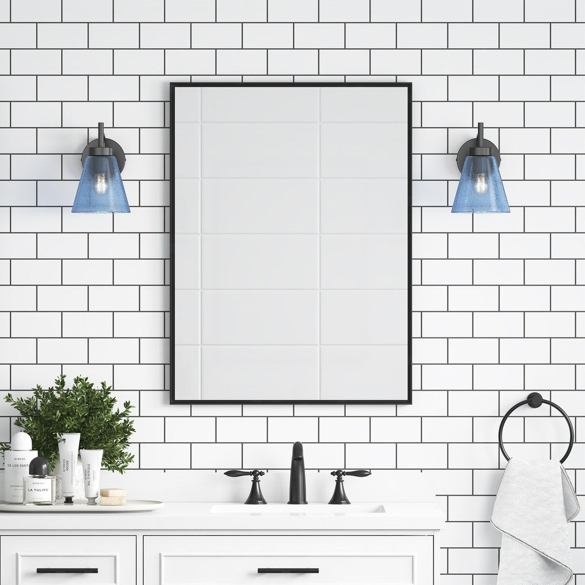 Rustic Black 1-Light Wall Sconce with Blue Seeded Glass Shade