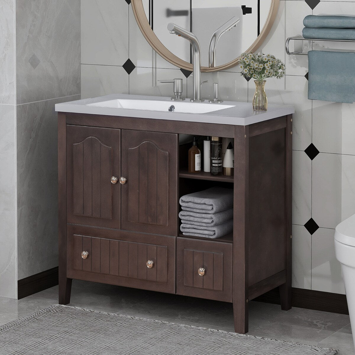Rustic Brown 36" Solid Wood Bathroom Vanity Cabinet with Sink Doors,Drawers