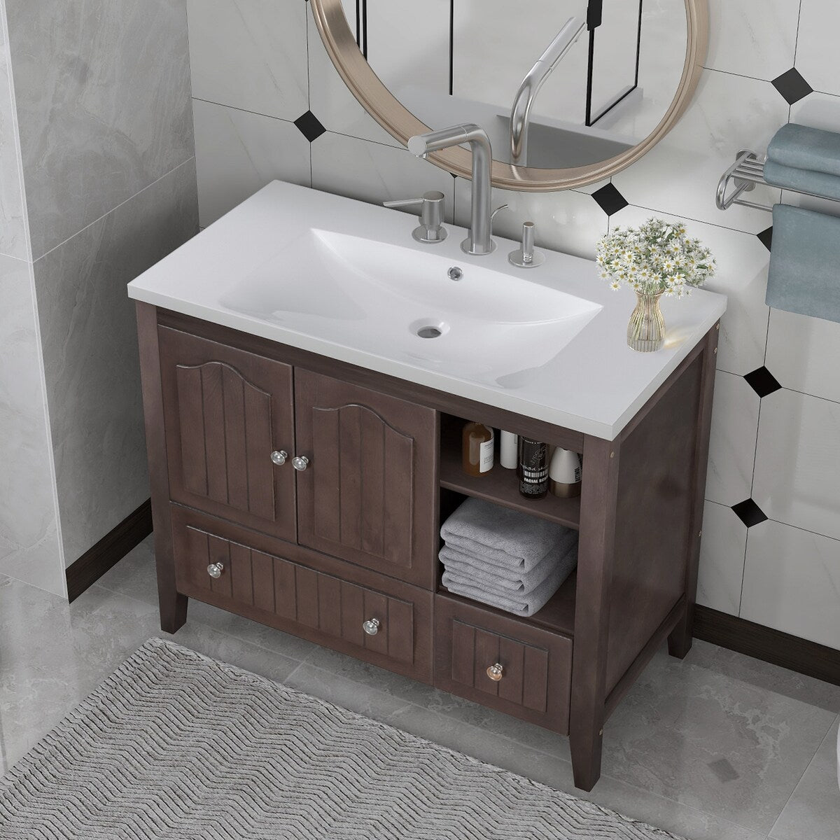 Rustic Brown 36" Solid Wood Bathroom Vanity Cabinet with Sink Doors,Drawers