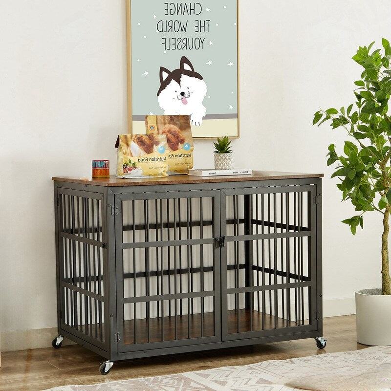 Rustic Brown Furniture style dog crate wrought iron frame door with side openings