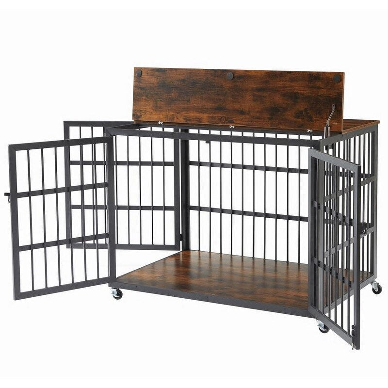 Rustic Brown Furniture style dog crate wrought iron frame door with side openings