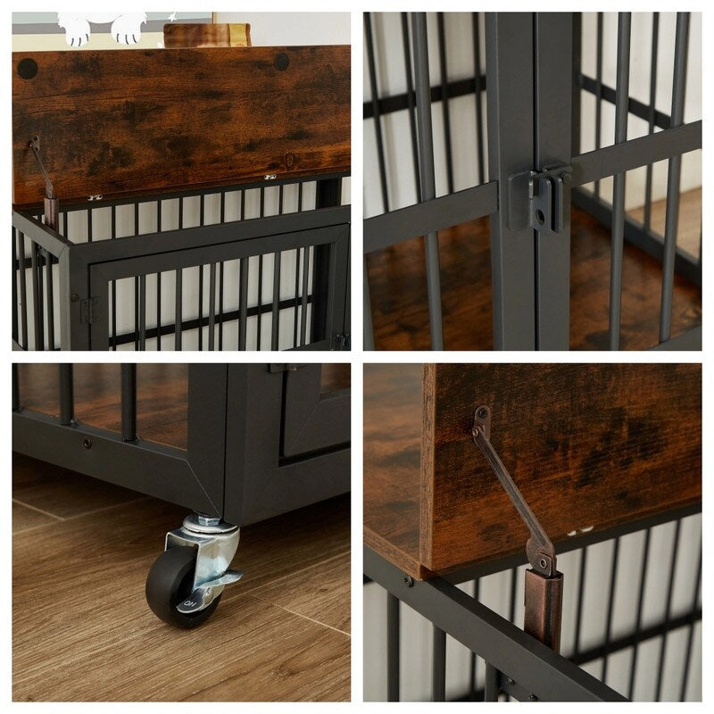 Rustic Brown Furniture style dog crate wrought iron frame door with side openings
