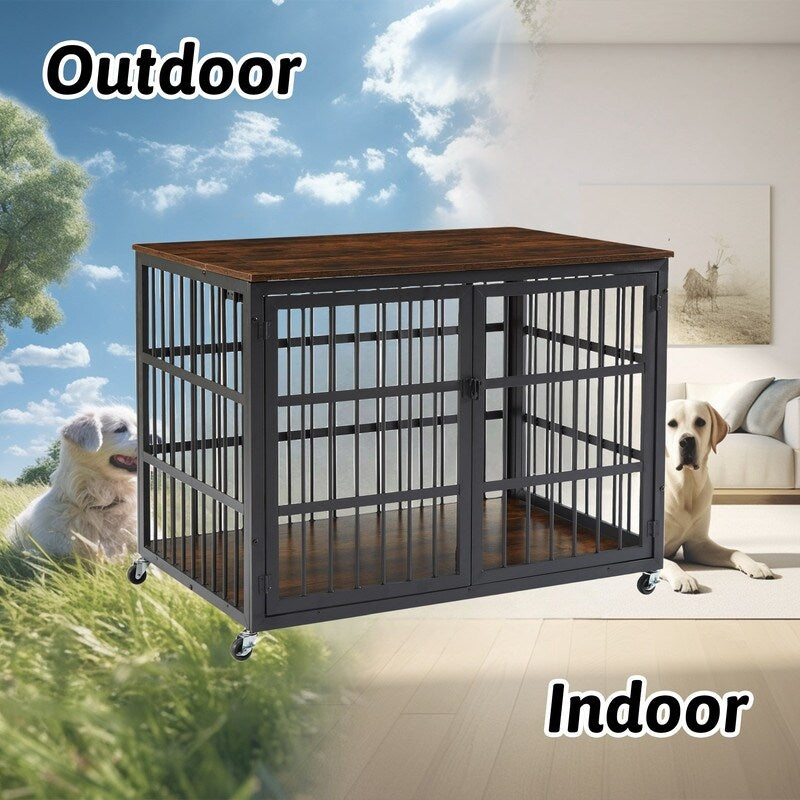 Rustic Brown Furniture style dog crate wrought iron frame door with side openings