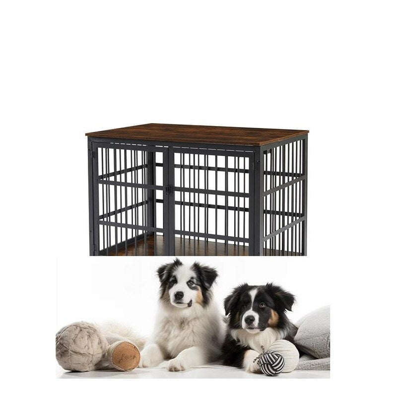 Rustic Brown Furniture style dog crate wrought iron frame door with side openings