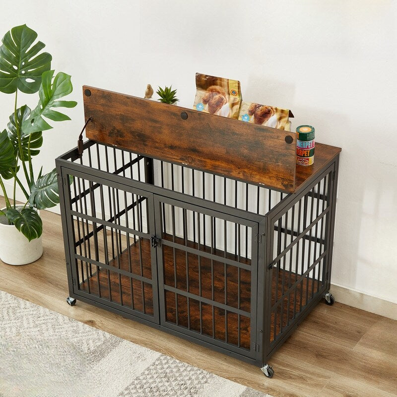 Rustic Brown Furniture style dog crate wrought iron frame door with side openings