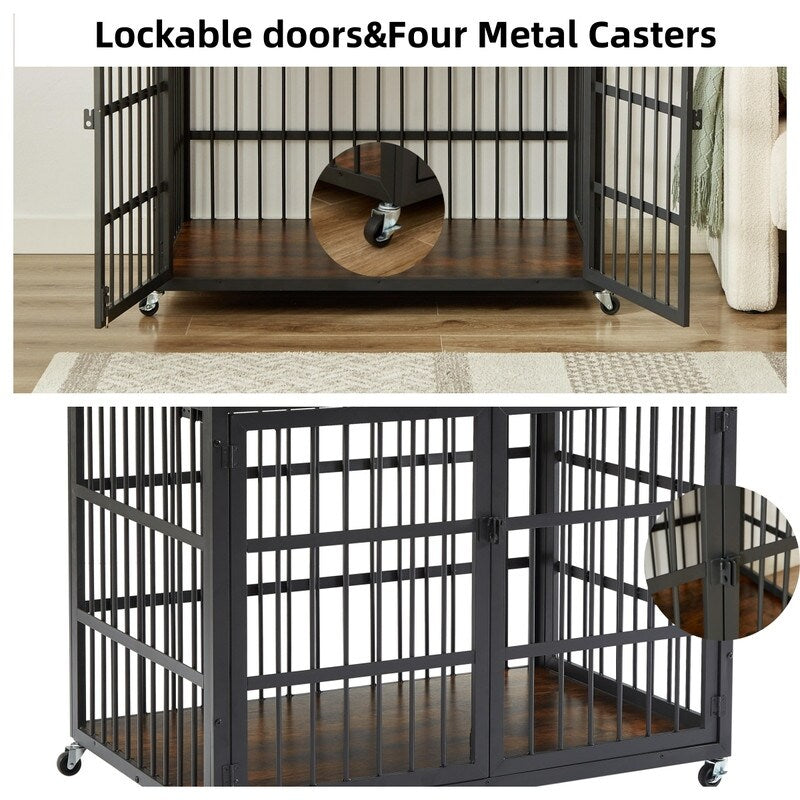 Rustic Brown Furniture style dog crate wrought iron frame door with side openings