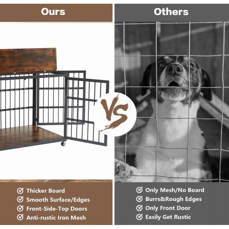 Rustic Brown Furniture style dog crate wrought iron frame door with side openings