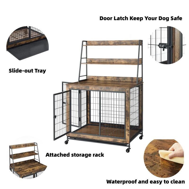 Rustic Brown Furniture type dog cage iron frame door with cabinet