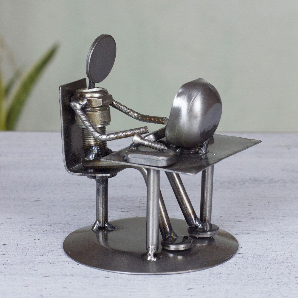 Rustic Computer Tech IT Specialist Crafted from Reclaimed Weathered Auto Parts Steel and Gray Metal Recycled Sculpture (Mexico)