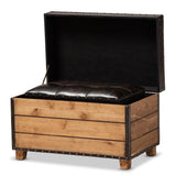 Rustic Dark Brown Faux Leather 2-Piece Wood Storage Trunk Ottoman Set