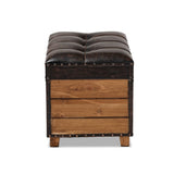 Rustic Dark Brown Faux Leather 2-Piece Wood Storage Trunk Ottoman Set