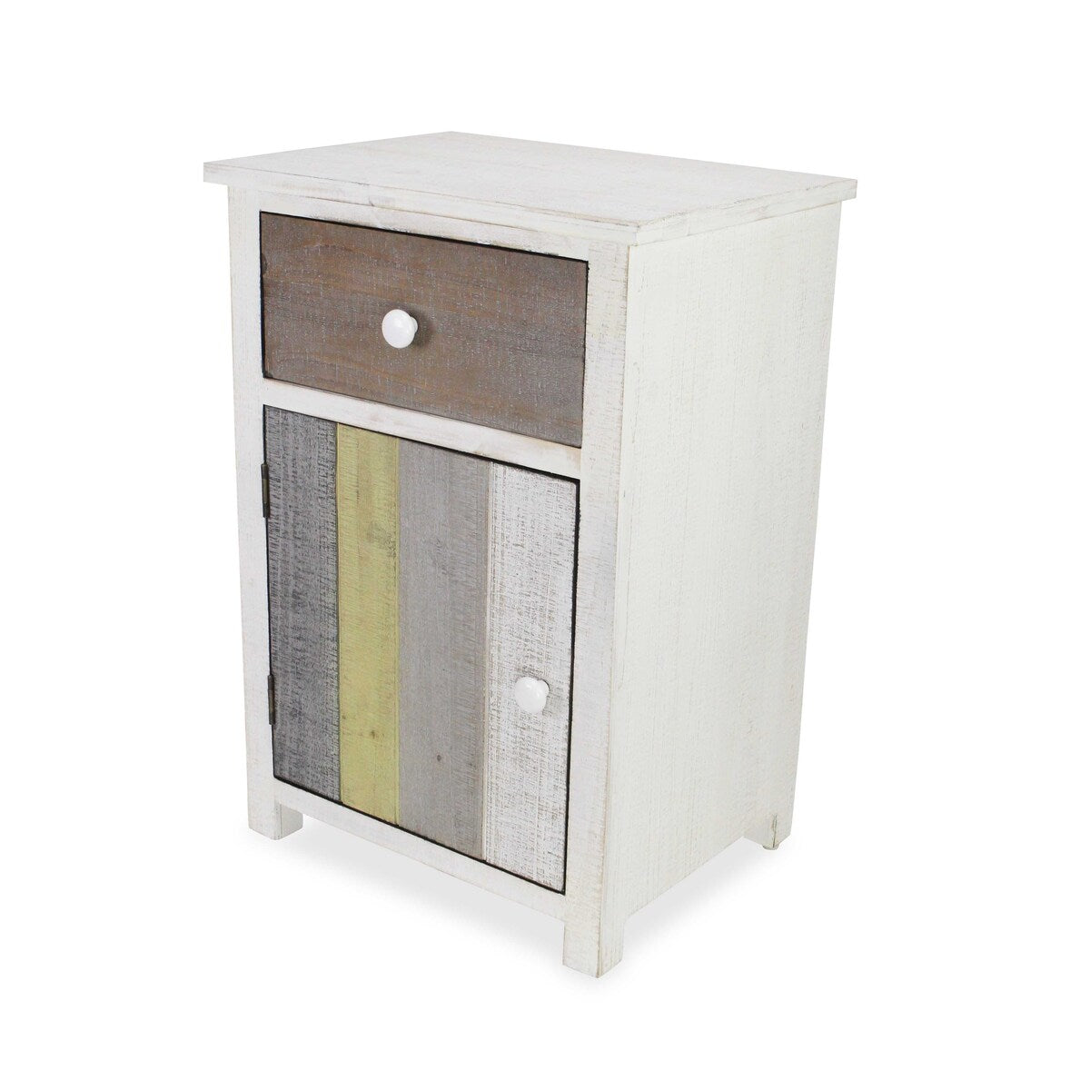 Rustic Distressed White Nightstand with Natural Gray and Green Accents