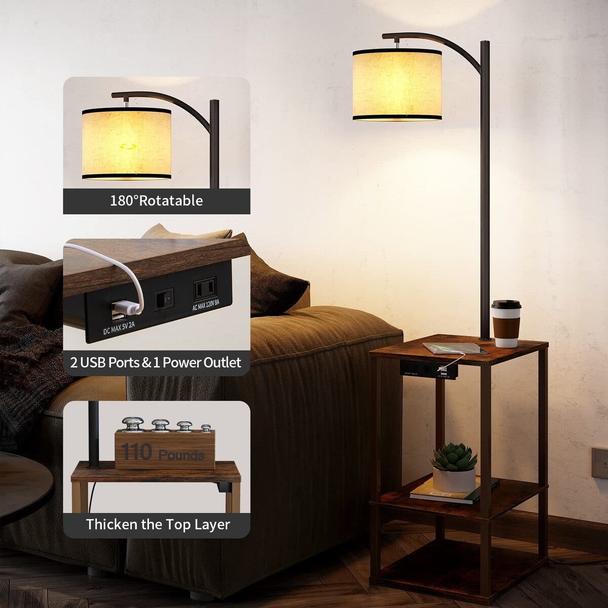 Rustic End Table Lamp with Table, Shelves, Charging Station(USB & AC Port) 3-Color Temperature LED Bulb For Floor