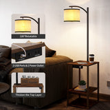 Rustic End Table Lamp with Table, Shelves, Charging Station(USB & AC Port) 3-Color Temperature LED Bulb For Floor