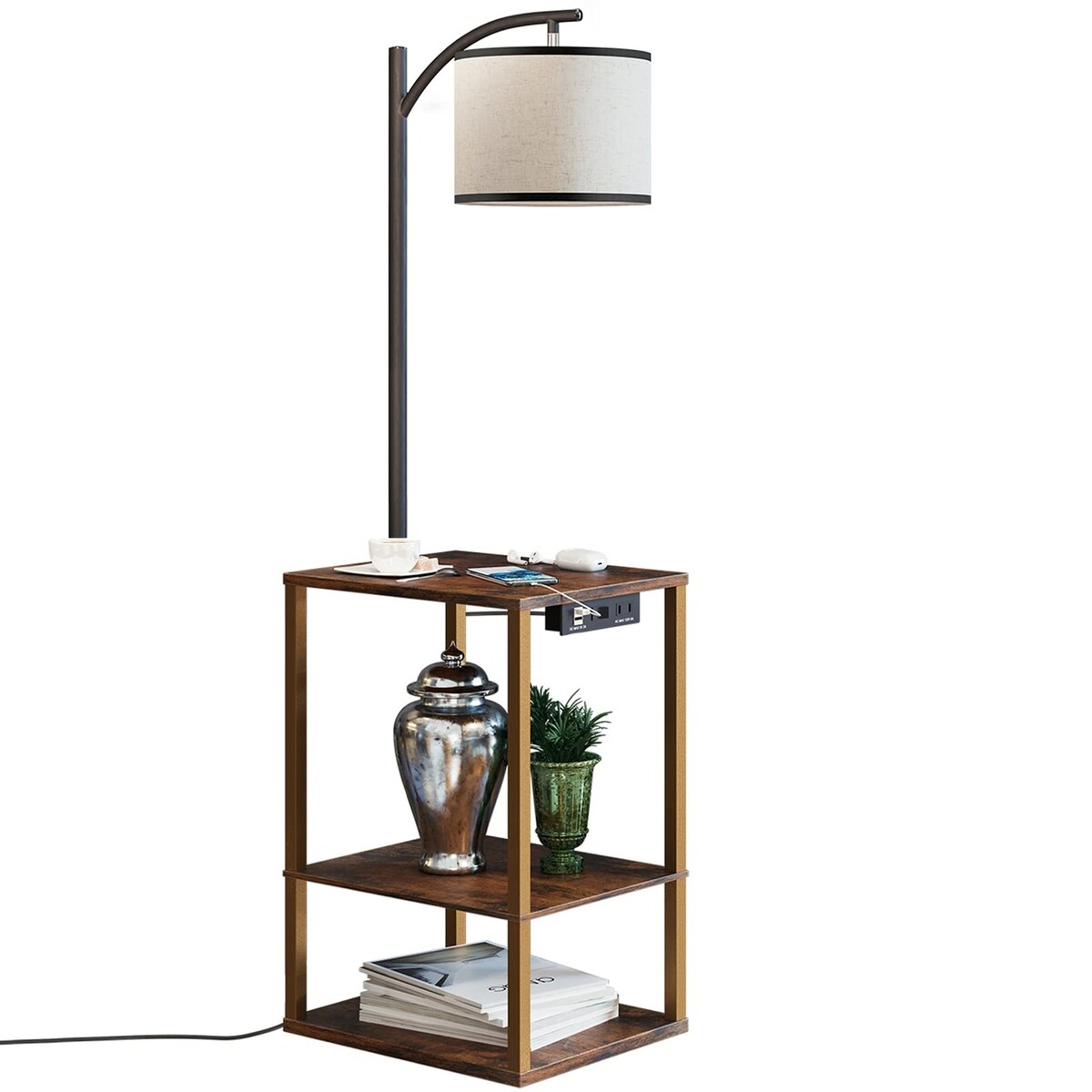 Rustic End Table Lamp with Table, Shelves, Charging Station(USB & AC Port) 3-Color Temperature LED Bulb For Floor