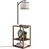 Rustic End Table Lamp with Table, Shelves, Charging Station(USB & AC Port) 3-Color Temperature LED Bulb For Floor