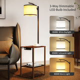 Rustic End Table Lamp with Table, Shelves, Charging Station(USB & AC Port) 3-Color Temperature LED Bulb For Floor