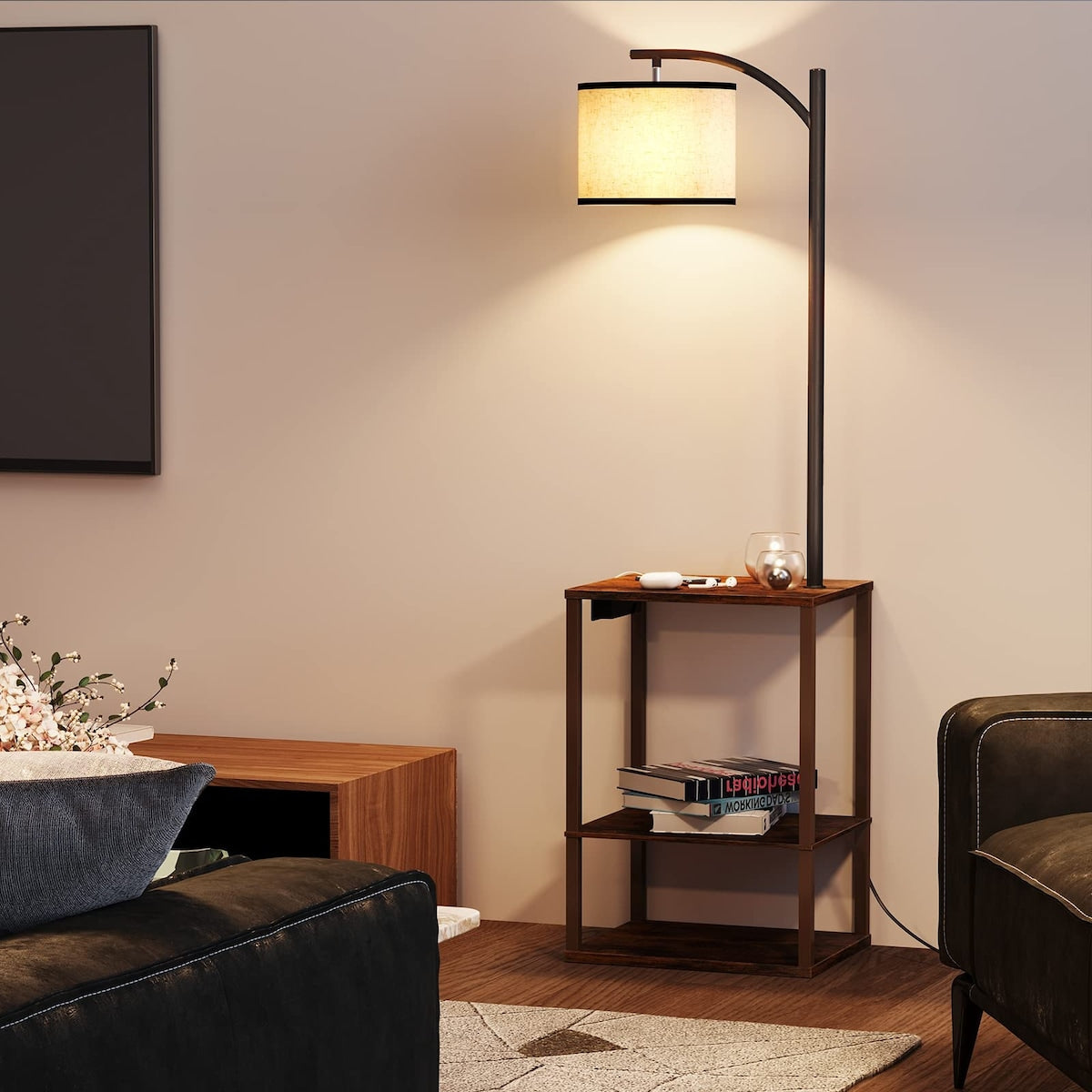 Rustic End Table Lamp with Table, Shelves, Charging Station(USB & AC Port) 3-Color Temperature LED Bulb For Floor
