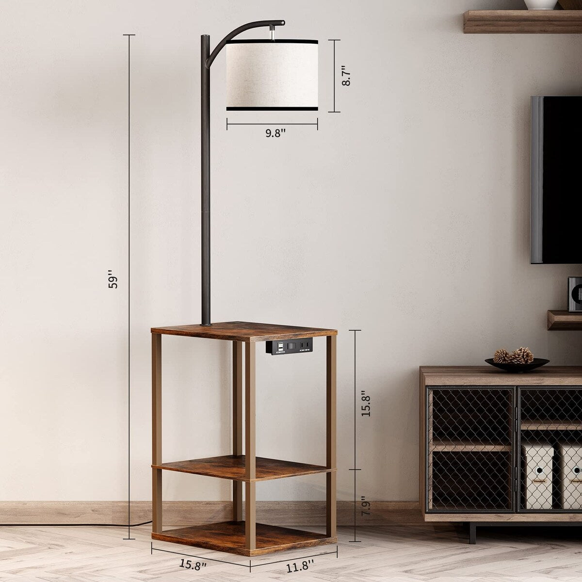 Rustic End Table Lamp with Table, Shelves, Charging Station(USB & AC Port) 3-Color Temperature LED Bulb For Floor