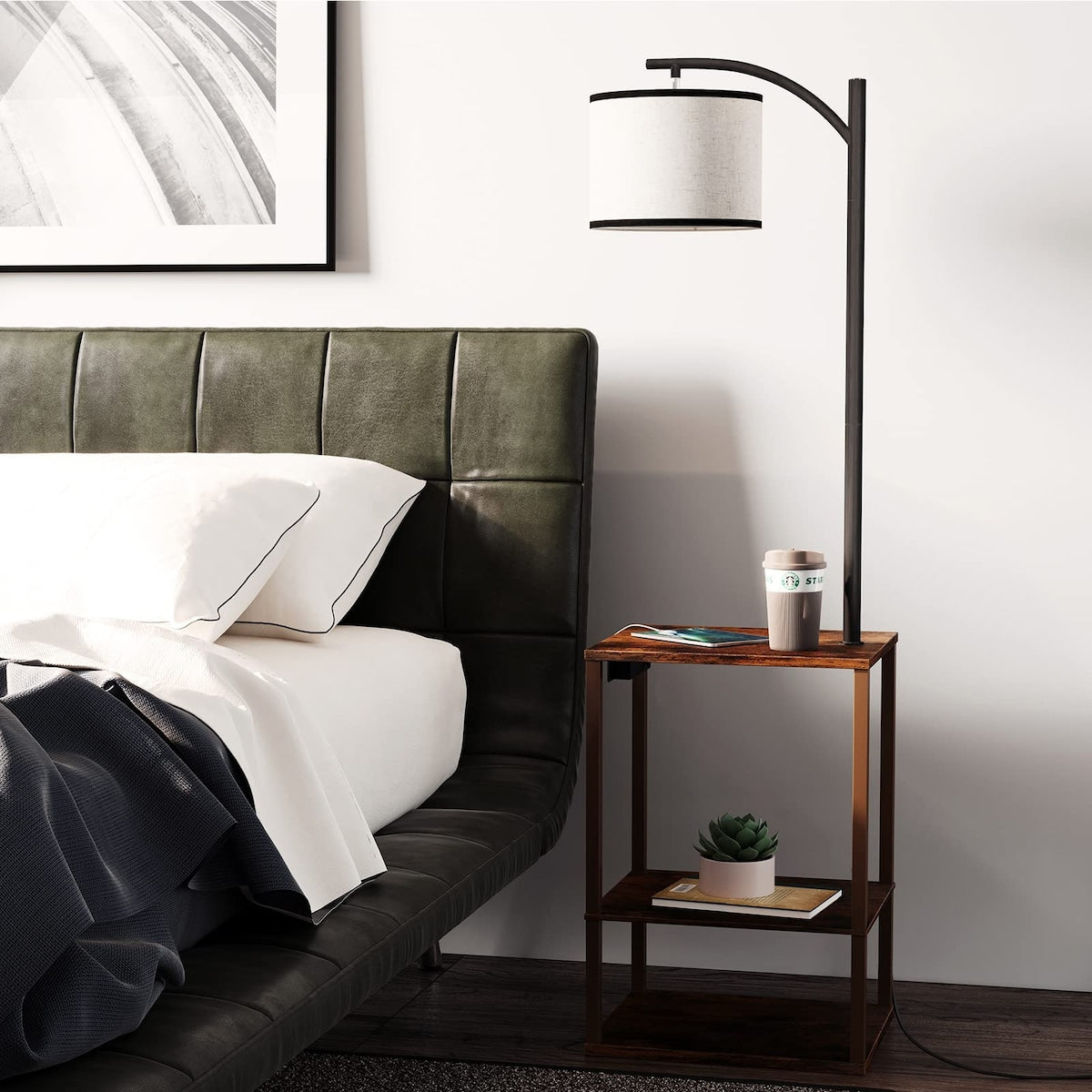 Rustic End Table Lamp with Table, Shelves, Charging Station(USB & AC Port) 3-Color Temperature LED Bulb For Floor