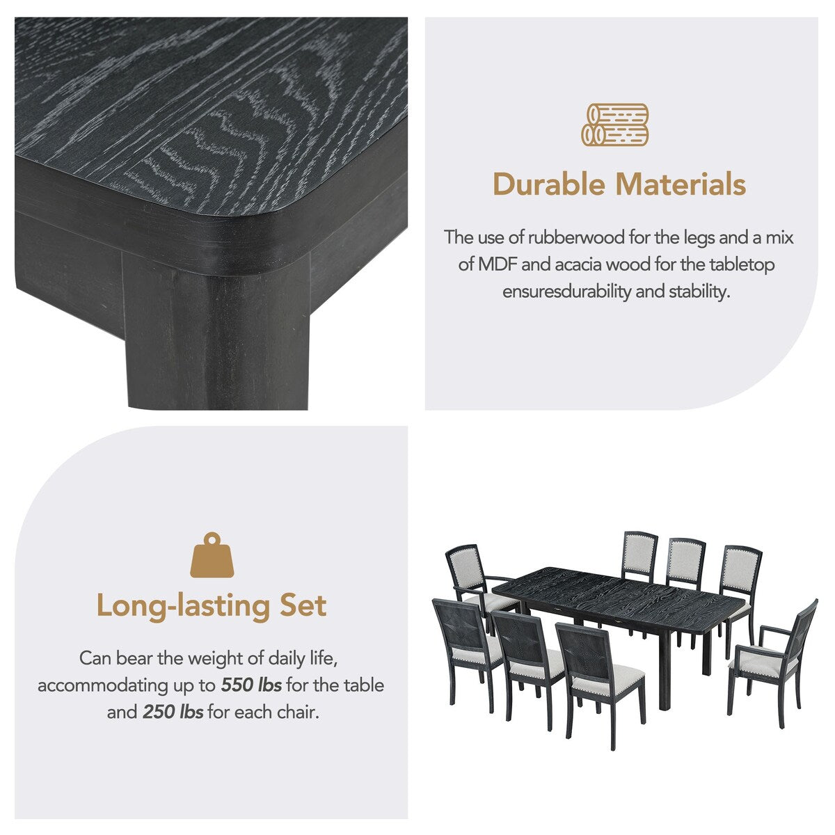 Rustic Extendable 84inch Dining Table Set with 24inch Removable Leaf,6 Armless Dining Chairs and 2 Padded Arm Chairs, 9 Pieces