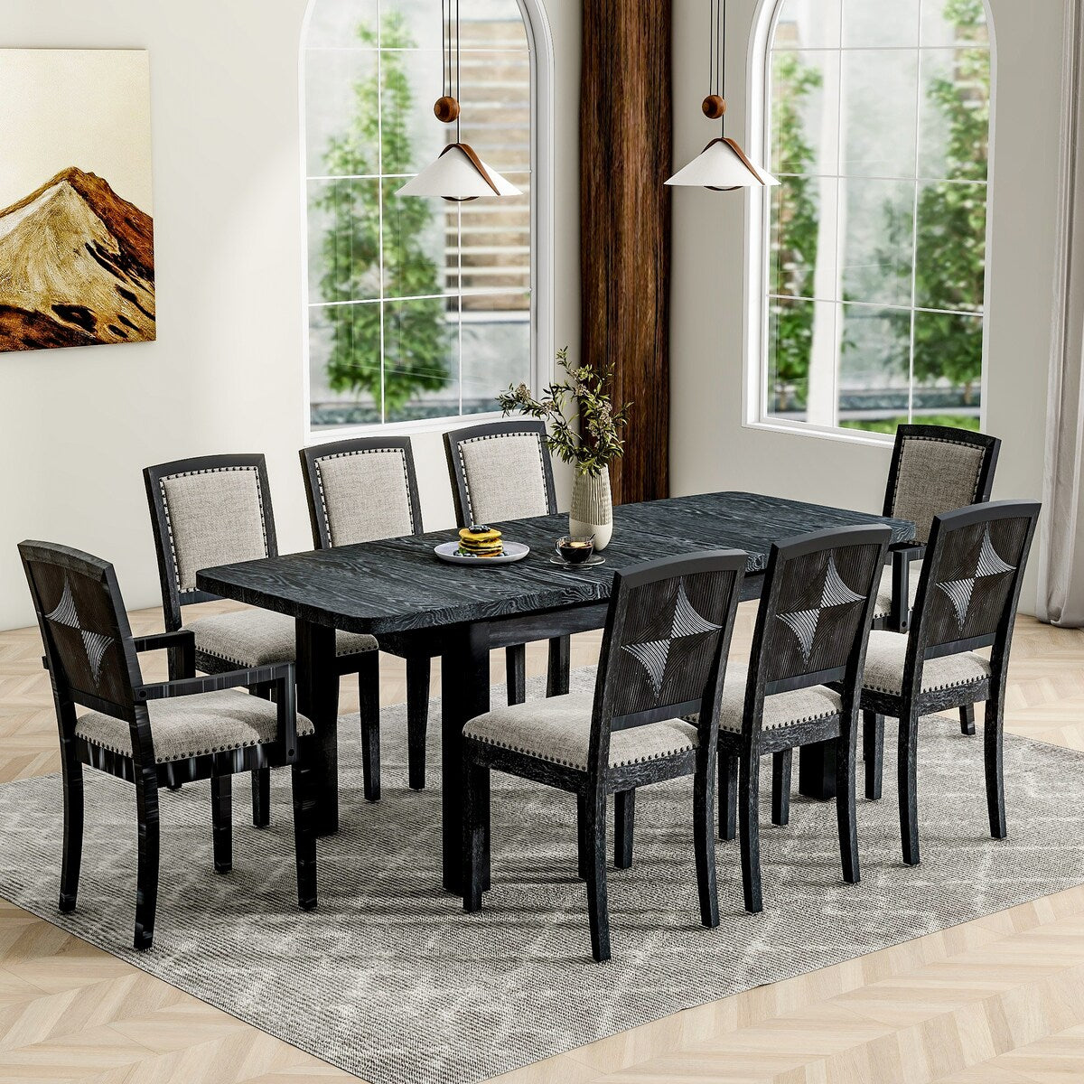 Rustic Extendable 84inch Dining Table Set with 24inch Removable Leaf,6 Armless Dining Chairs and 2 Padded Arm Chairs, 9 Pieces