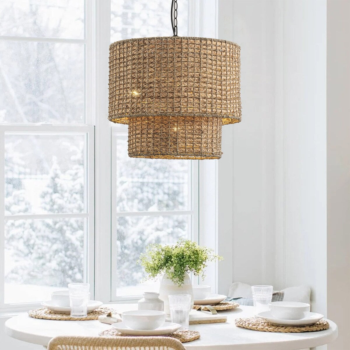 Rustic Farmhouse 4-Light Unique Hand Woven Pendant Light Fixture