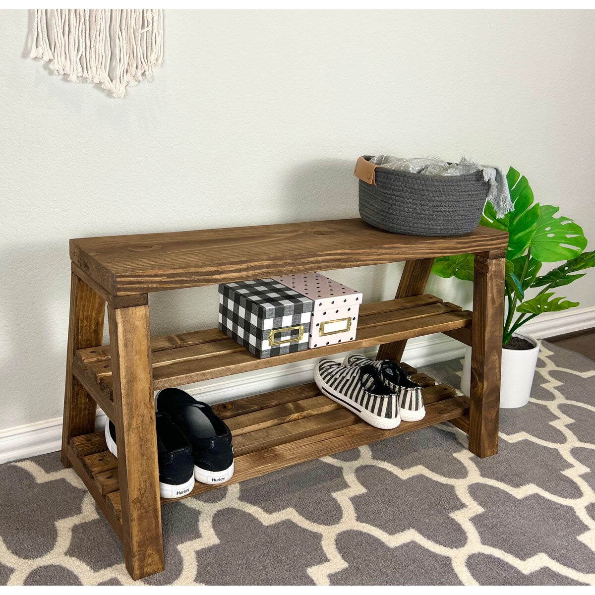 Rustic Farmhouse Slatted Shelf Pine Wood Tiered Shoe Storage Bench