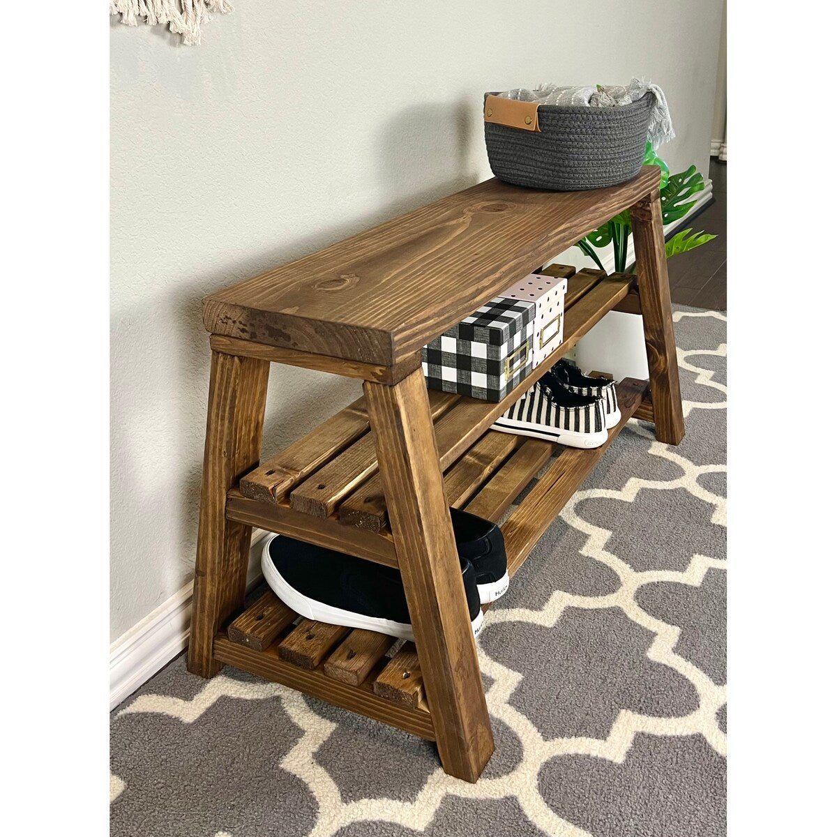 Rustic Farmhouse Slatted Shelf Pine Wood Tiered Shoe Storage Bench