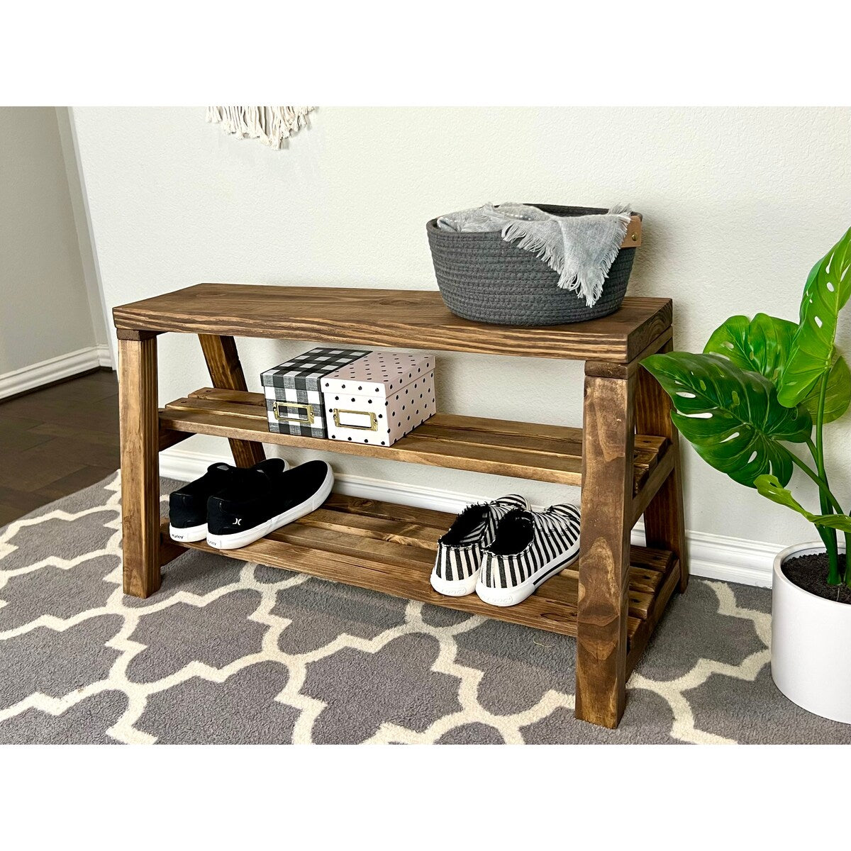 Rustic Farmhouse Slatted Shelf Pine Wood Tiered Shoe Storage Bench
